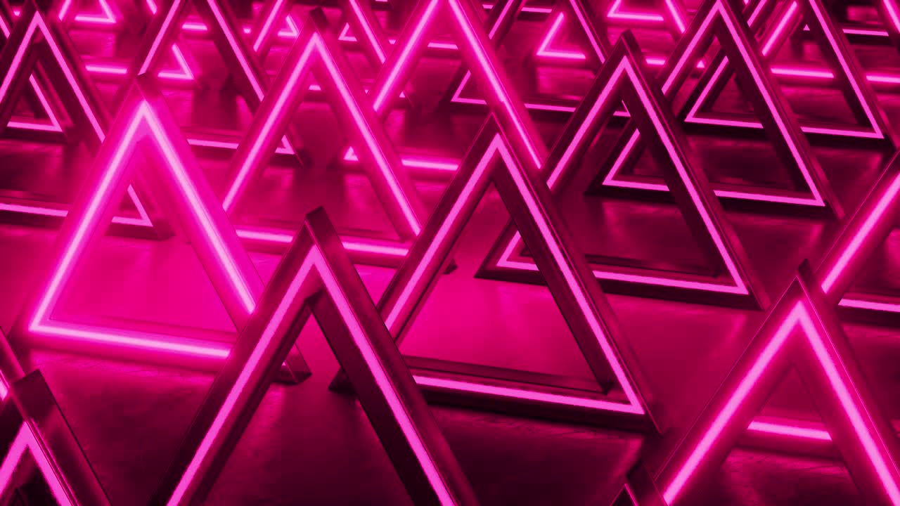 fondo abstracto triangular rosa. fondo de luces de neón. prismas triangulares de patrón. fondo geométrico abstracto de ciencia ficción. concepto futurista. movimiento hacia adelante. bucle vj sin costuras, animación 3d en 4k