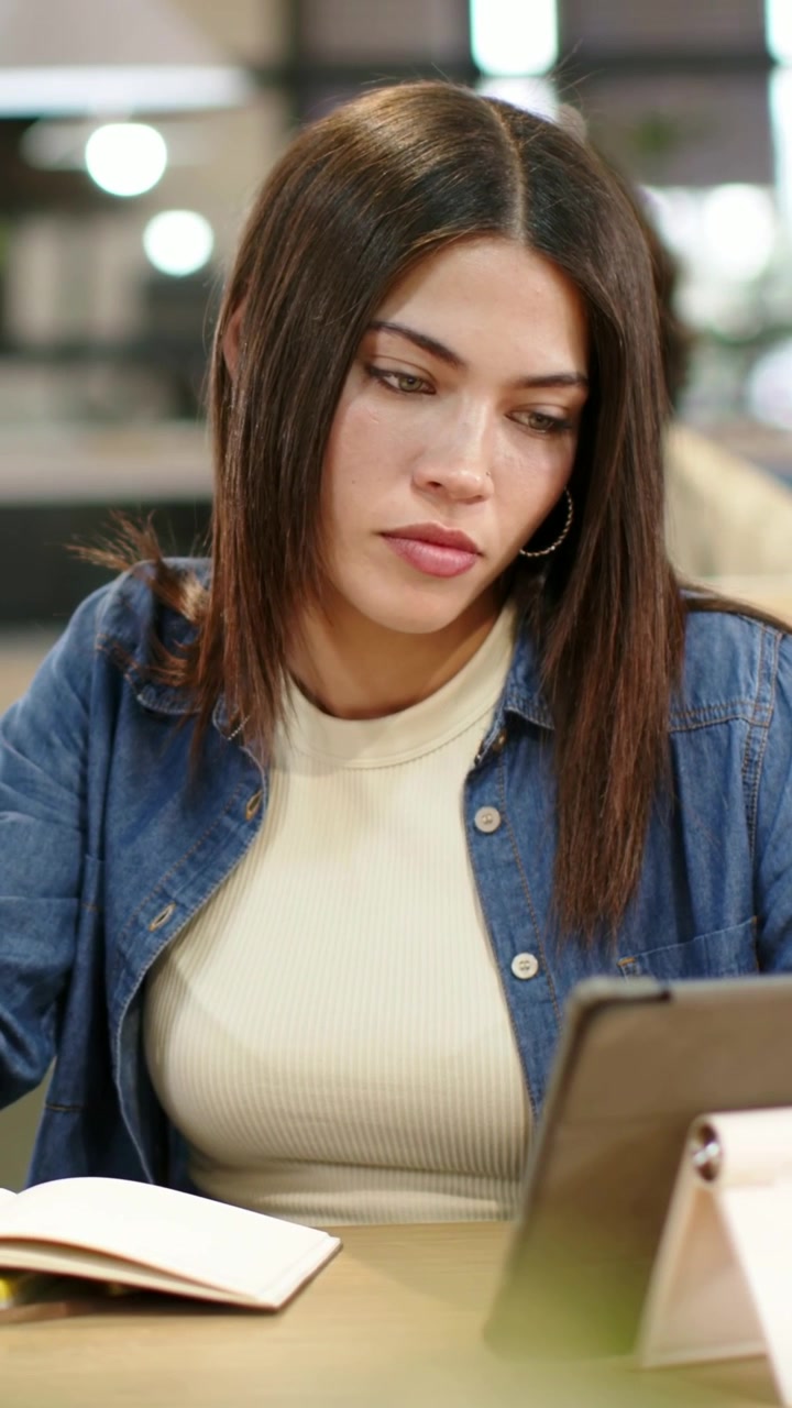 Video verticale: Donna in jeans che studia, legge un quaderno, controlla un tablet e prende appunti in un caffè.