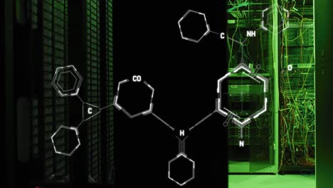 animación de las estructuras moleculares sobre la sala de servidores iluminada en el fondo