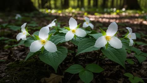 a beautiful display of white trillium blossoms in a sunlit forest setting, showcasing nature's delicate beauty and tranquility through lush greenery and soft lighting
