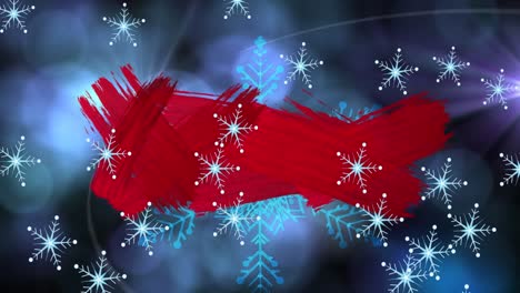 Animation-of-red-paint-with-bokeh-effect-and-lens-flare-over-looping-snowflakes