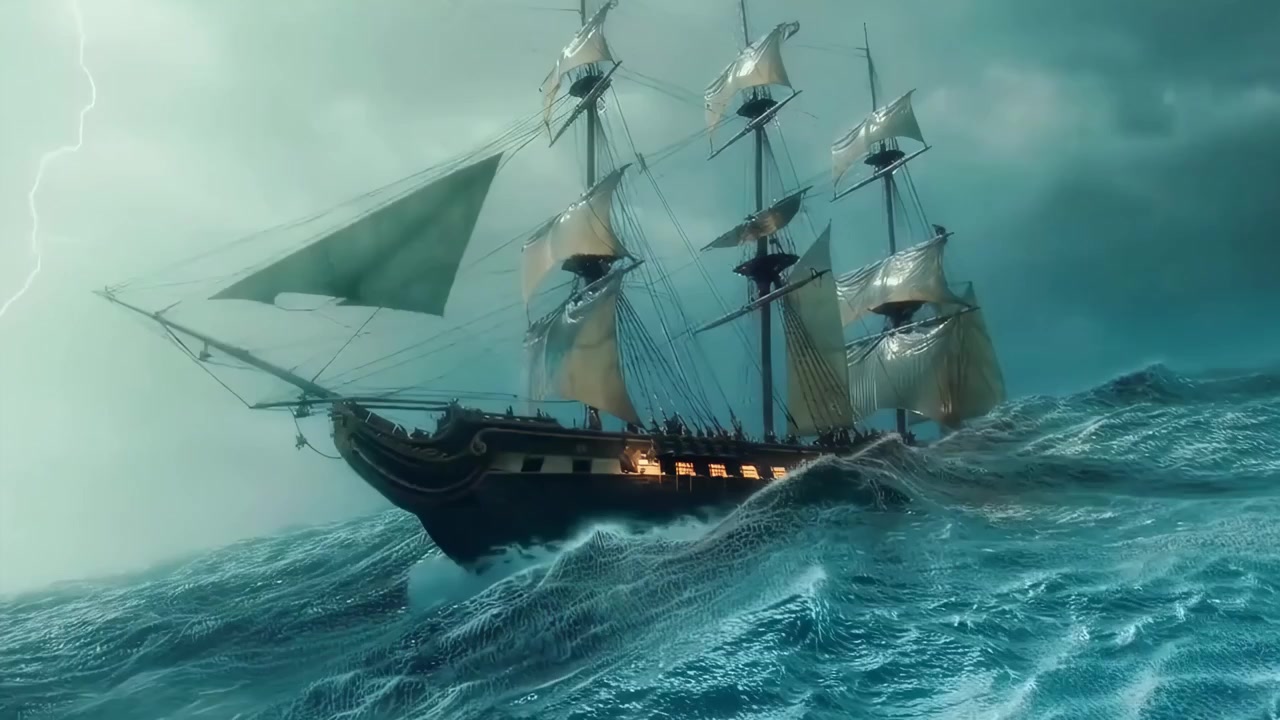 Veleiro Antigo Navegando por um Mar Tempestuoso e Violento