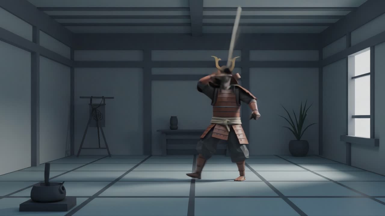 A fierce samurai warrior stands poised in a traditional Japanese room, clad in ornate armor, as he prepares for a duel with unwavering determination and focus