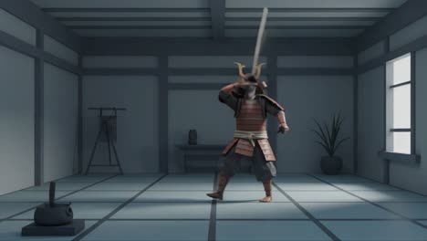 a fierce samurai warrior stands poised in a traditional japanese room, clad in ornate armor, as he prepares for a duel with unwavering determination and focus