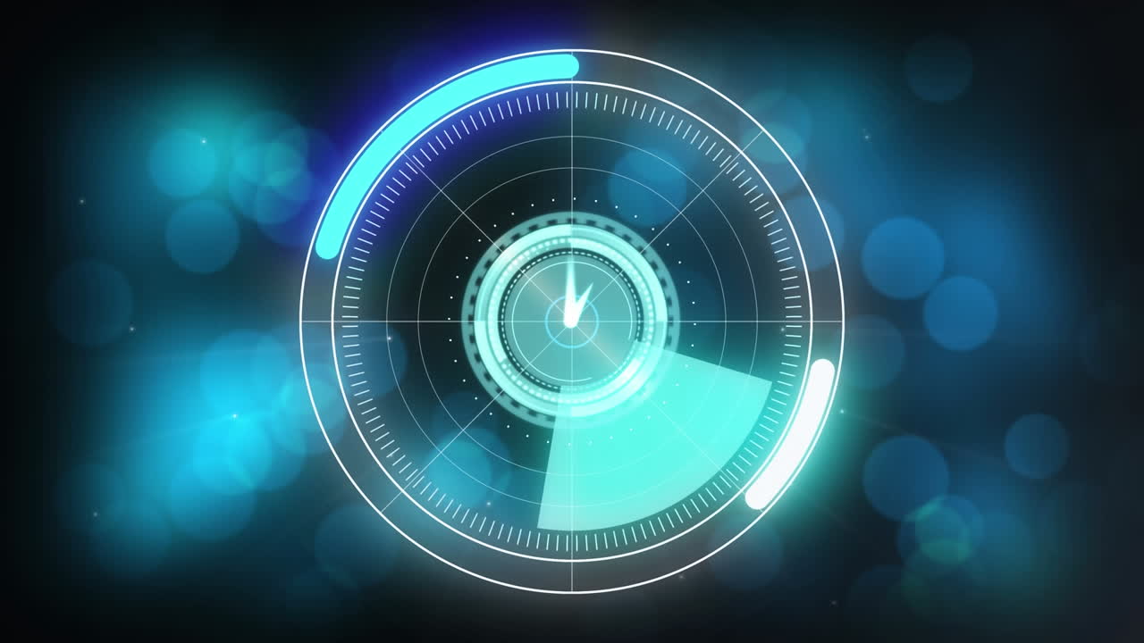Animation of scope scanning with clock and spots of blue lights over black background