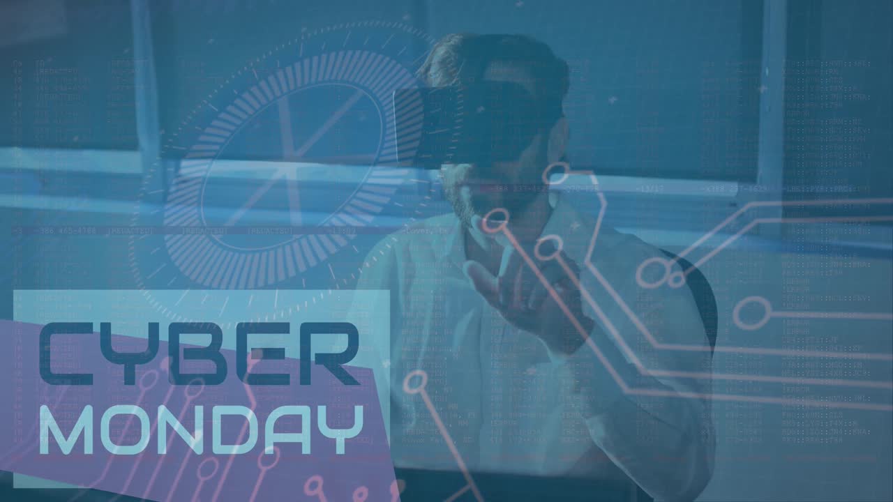Animation of cyber monday text over caucasian businessman in office