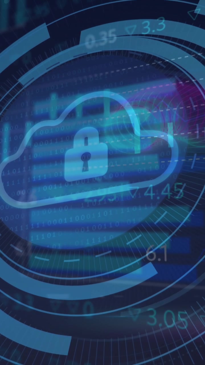 Animation of security padlock and cloud icon against statistical and stock market data processing