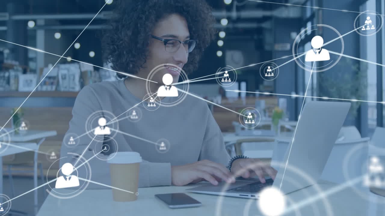 Animation of network of connections with people icons over biracial woman with tablet