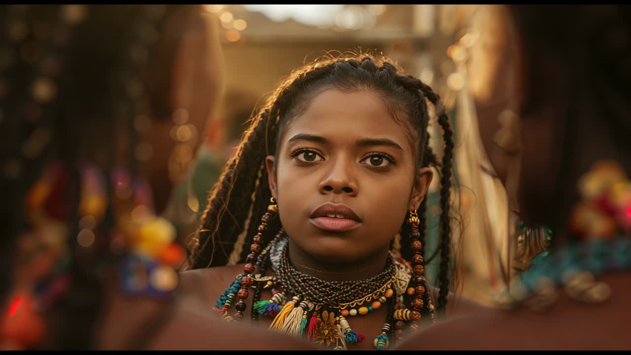 Listening teen girl holding steady while person on left speaking on street, braided hair and beads