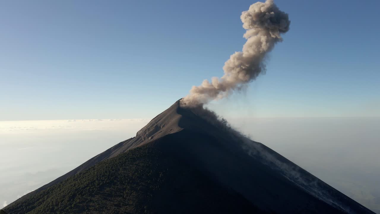 Volcán de Fuego Guatemala active volcano stratovolcano ash plume smoke, aerial