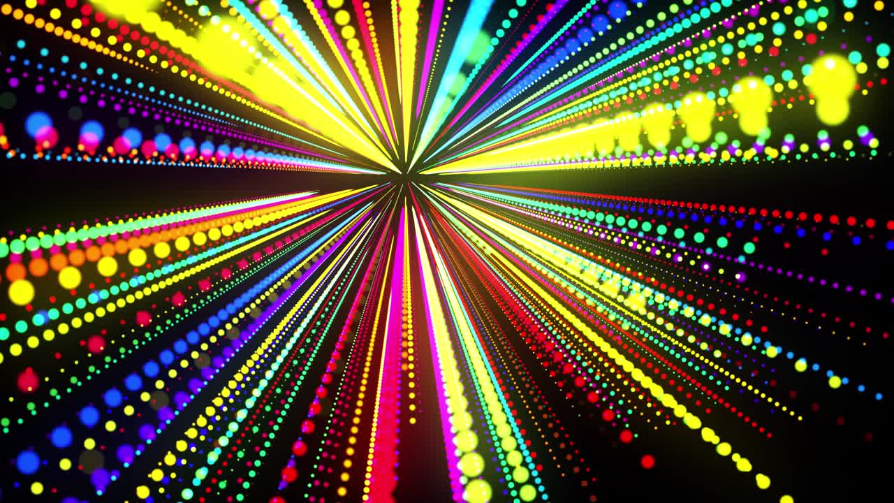 추상적인 3d 루프 배경은 빛나는 입자가 3d 공간에서 줄지어 서 있습니다. 다채로운 입자와 부드러운 애니메이션 카메라를 가진 축제 vj 루프.