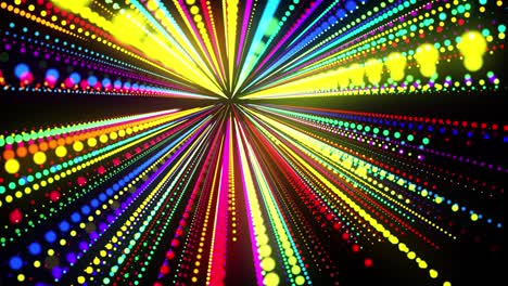 fondo de bucle 3d abstracto con partículas brillantes alineadas en una fila en el espacio 3d. bucle vj festivo con partículas multicolores y cámara animada suave. fondo de diseño de movimiento.