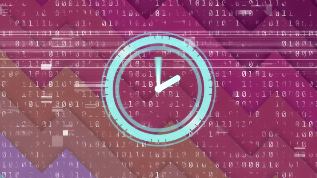 animación del reloj moviéndose rápidamente sobre la codificación binaria en segundo plano