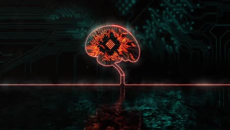 Animation-Eines-Leuchtend-Orangefarbenen-Menschlichen-Gehirns-über-Einem-Blauen-Prozessorsockel