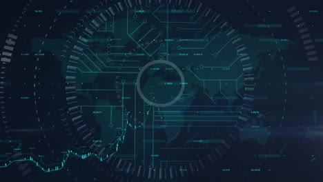 animation of round scanner and data processing over world map against black background