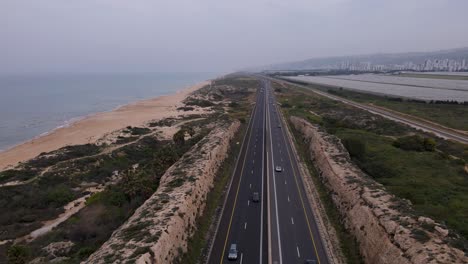 Aerial-view-of-the-highway-at-Moshav-Megadim-near-the-outskirts-of-Haifa,-Northern-Israel