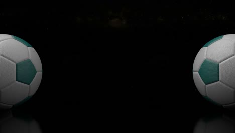 diseño 3d de bolas de fútbol en el fondo oscuro. animación en bucle de bolos de fútbol rodando de cuero en el fondo del universo y las estrellas.