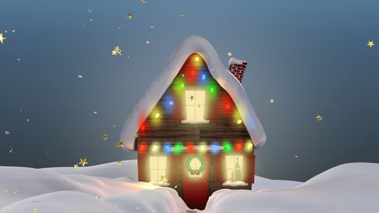 겨울 풍경 위에 떨어지는 별의 애니메이션