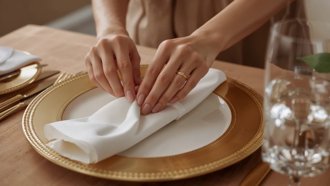 Folding hands in beige top smoothing white napkin on gold-charger plate at table, preparing dinner