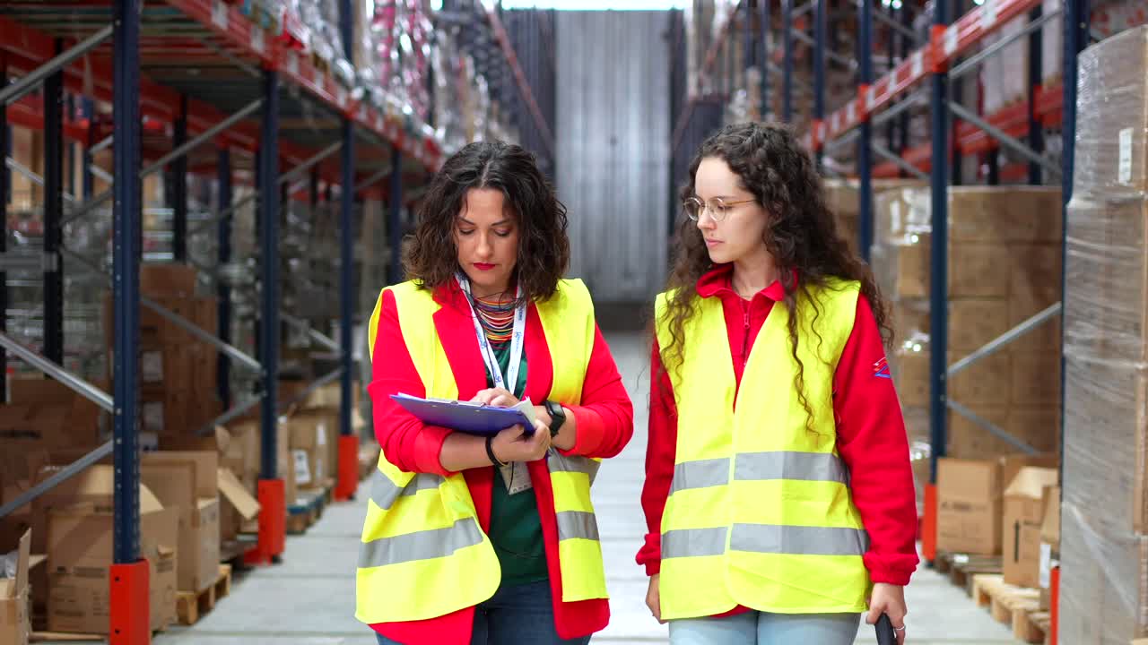 Two women inspecting inventory in a warehouse
