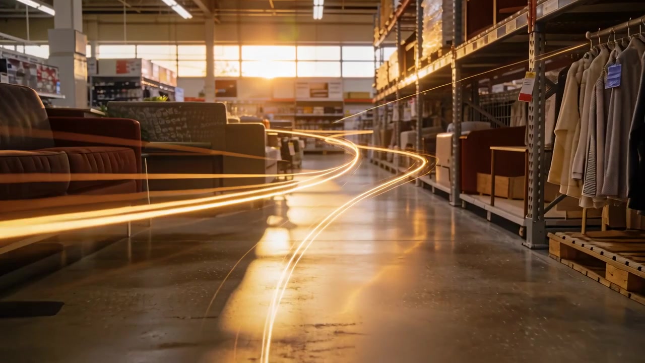Gliding golden light trails sweeping store aisle from low sunlight reflecting on sofas, clothing