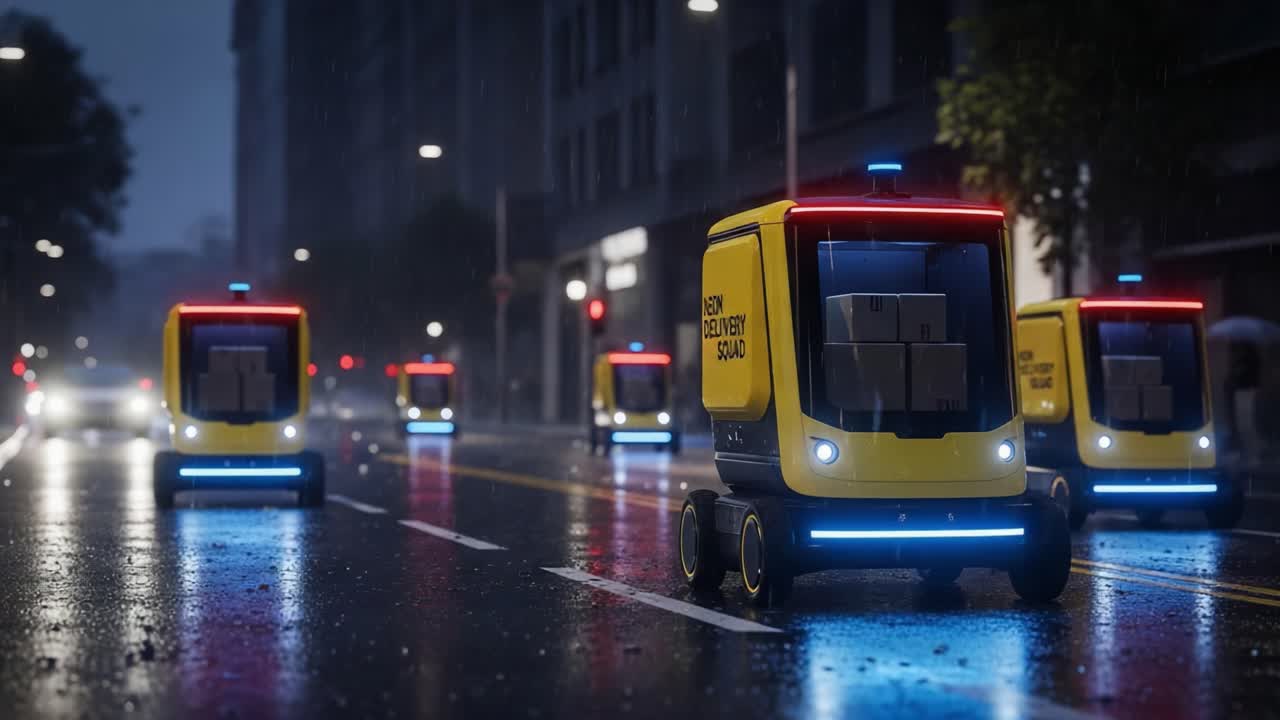 Futuristic Delivery Robots Navigating a Rainy Urban Street at Night, Showcasing Advanced Technology in Automated Logistics and Urban Transport Solutions