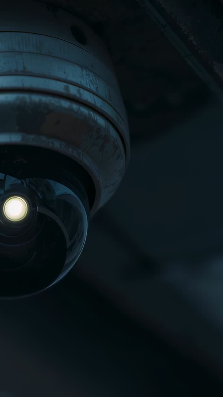 Telecamera di sorveglianza a cupola che registra, con spostamento della luce interna dopo un leggero movimento della lente in un garage poco illuminato, con spazio per il testo.