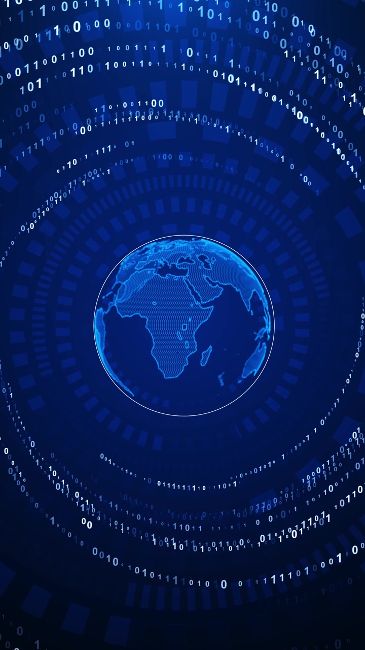 Binary world globe interface blue planet map rotating code arcs dark digital tunnel global