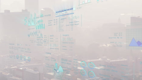 Animation of financial data processing over cityscape