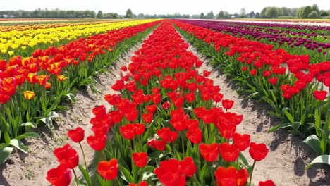 bright red, yellow, and purple tulips stretch across fields under clear skies, celebrating the arrival of spring in a picturesque landscape rich with color and life.