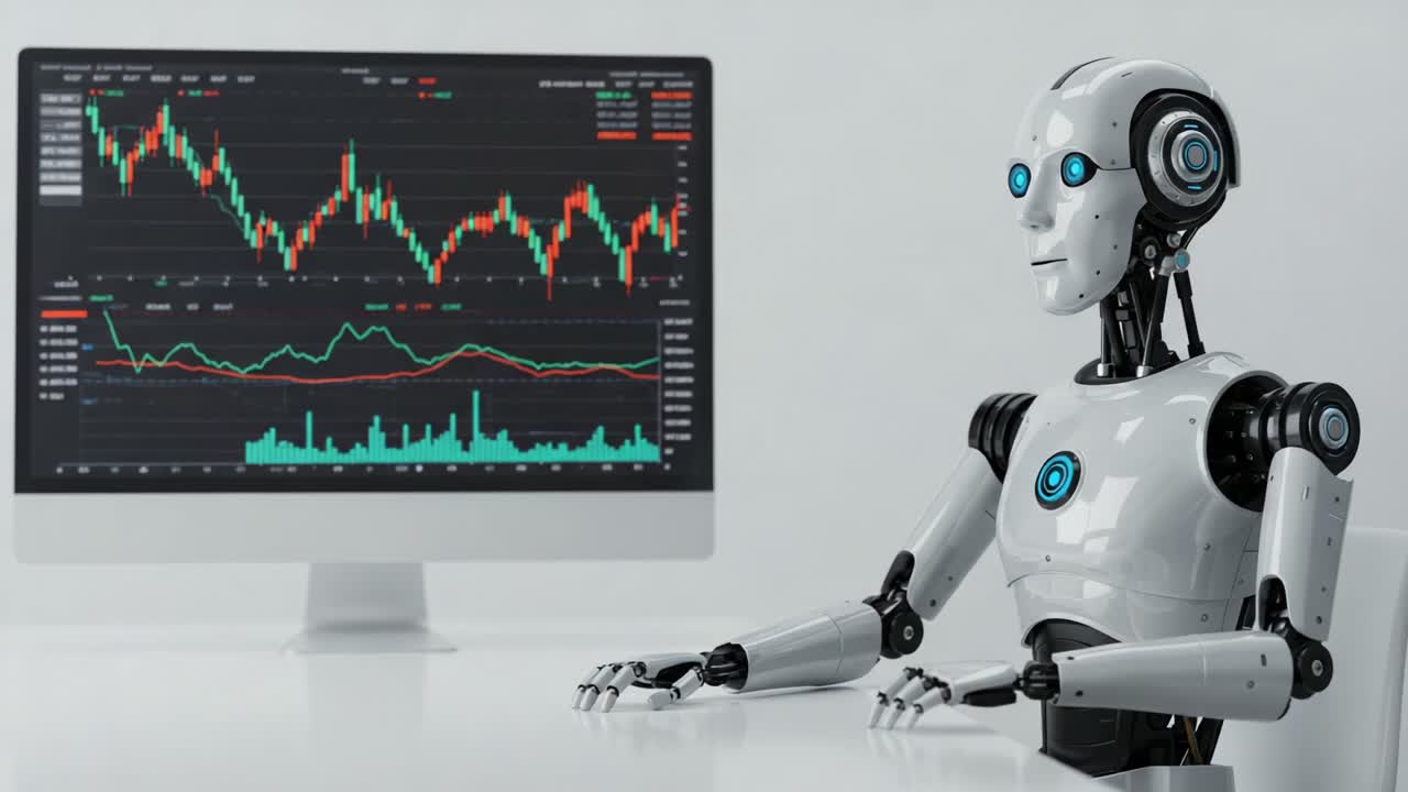 A Sophisticated Robot Analyzing Financial Data on a Computer Screen, Highlighting the Integration of Technology and Finance in Modern Investment Strategies