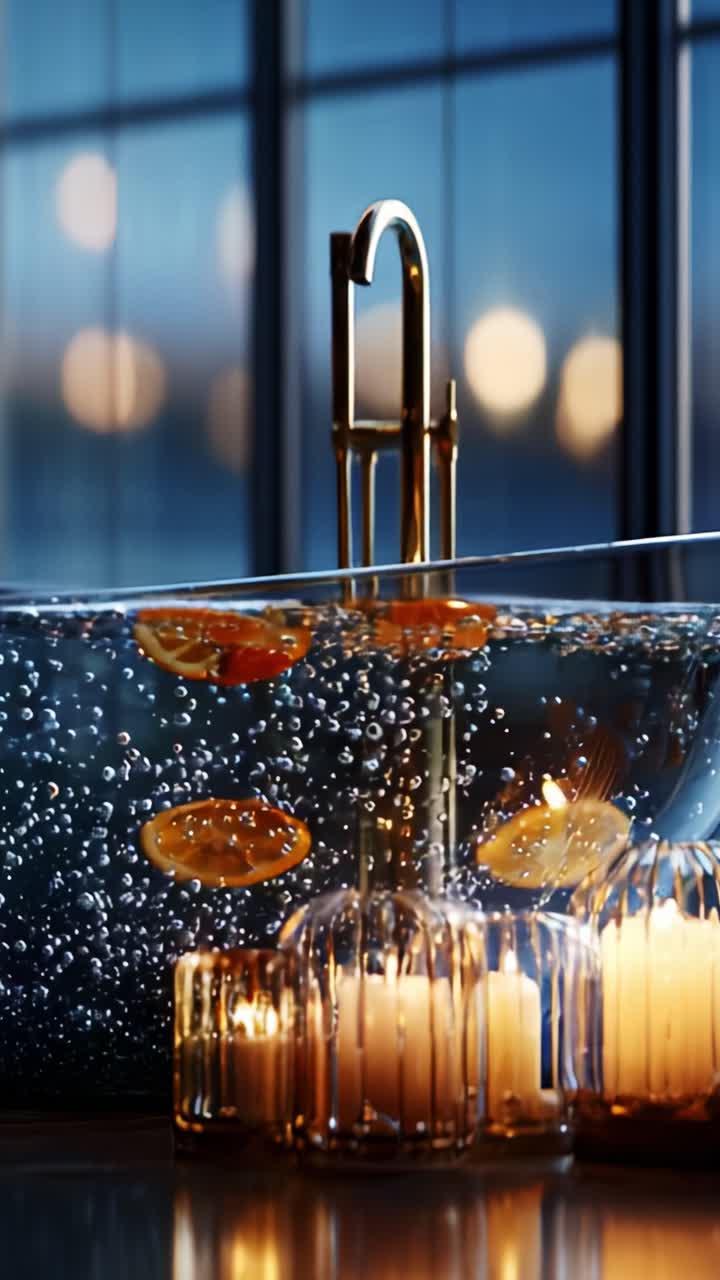 Una tranquilla scena serale con bolle, agrumi e la luce soffusa di una candela che illumina una vasca da bagno dal design raffinato sotto luci ambientali tenui