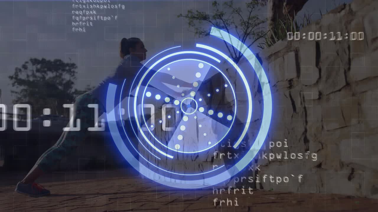 Fitness coach stepping into lunge against stone wall, syncing circles with timer monitoring stretch