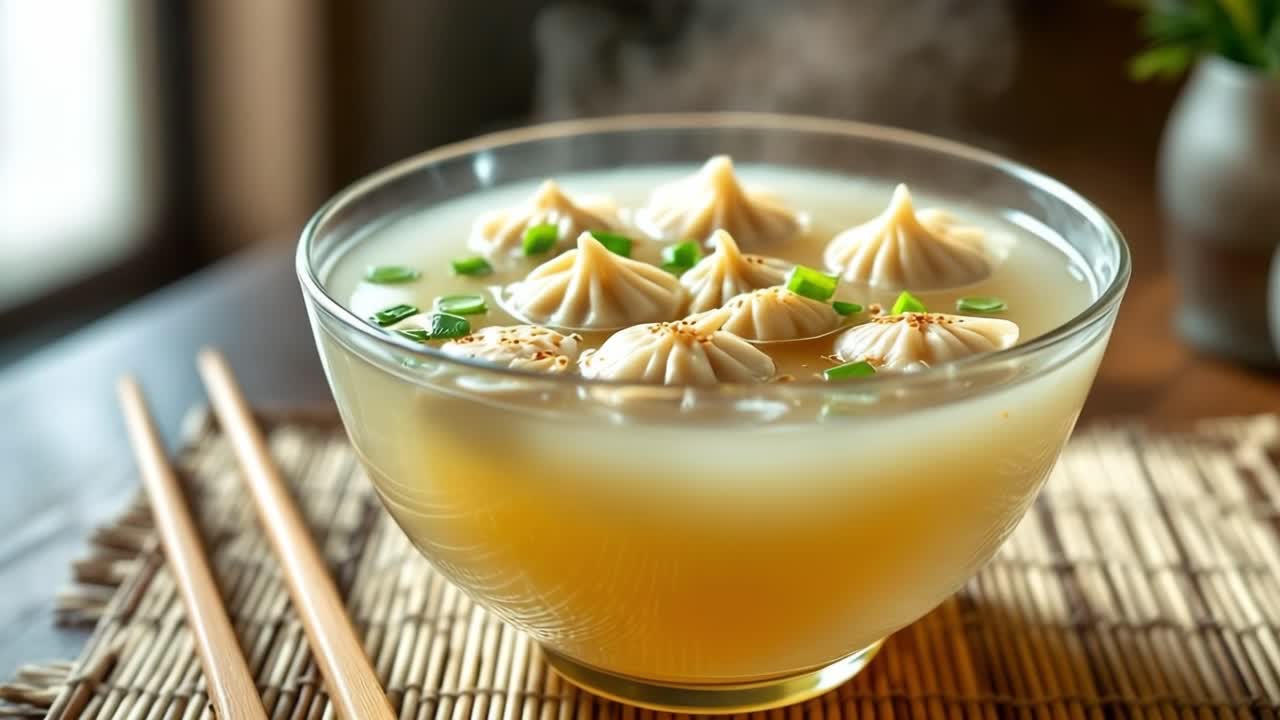 Bowl filled with dumplings floating in clear broth, garnished with fresh green onions, placed on a bamboo mat, with chopsticks beside it, creating a warm and inviting dining atmosphere