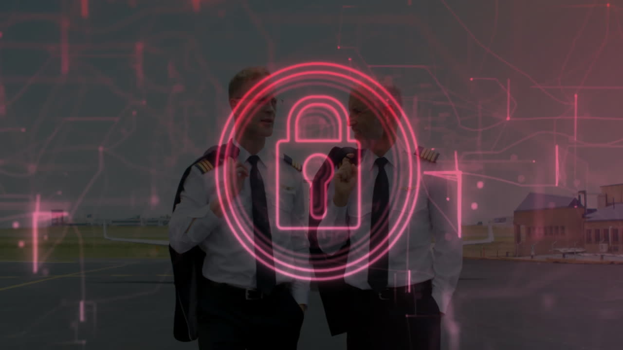 Lock symbol animating over pilots standing on airport tarmac in uniform