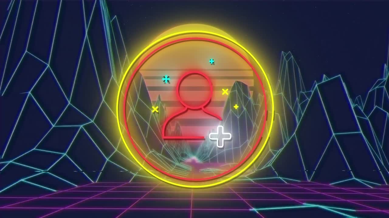 배경 에 있는 지형적 산 들 위 의 원 에  ⁇ 박이는 네온 사람 아이콘