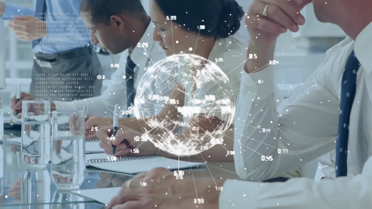 Animation of data processing and globe over diverse business people