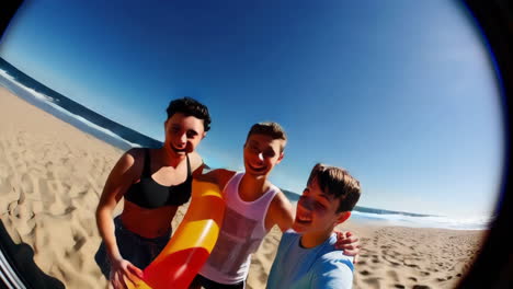 smiling friends enjoying a beach day with an inflatable tube