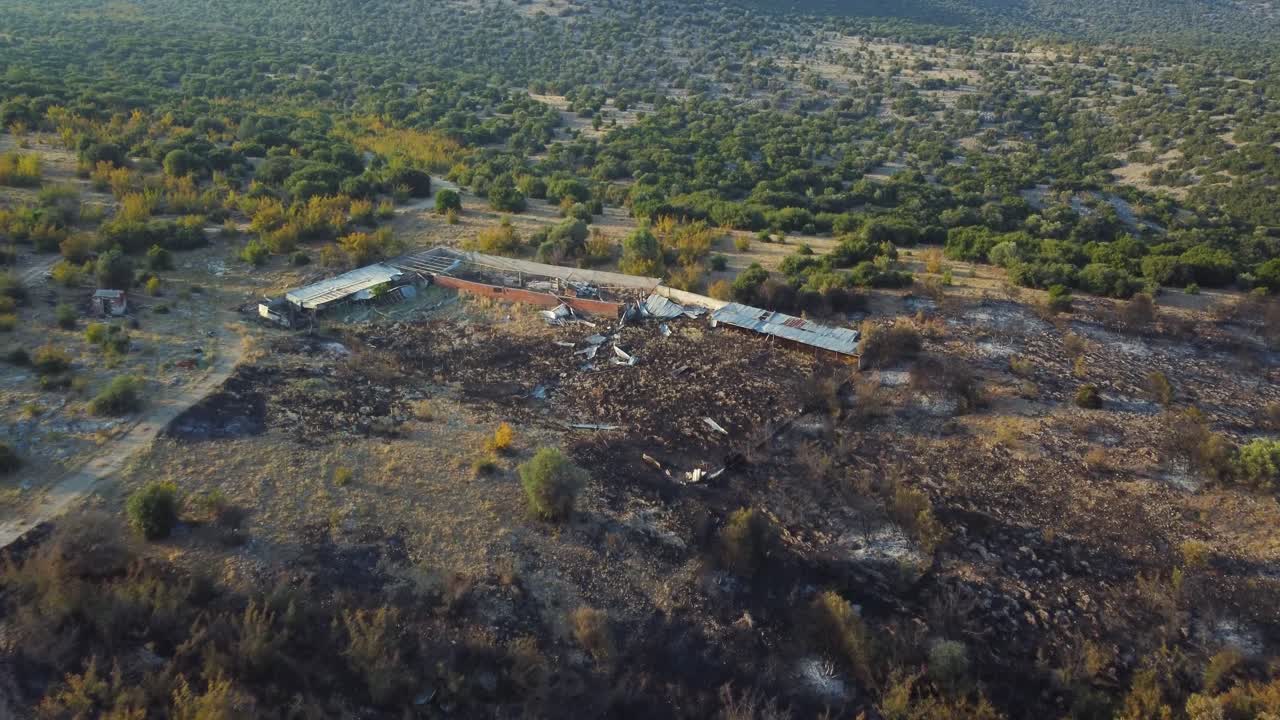 &Alpha;erial approaching livestock enclosure that was destroyed by wildfires in northern Greece, August 2023