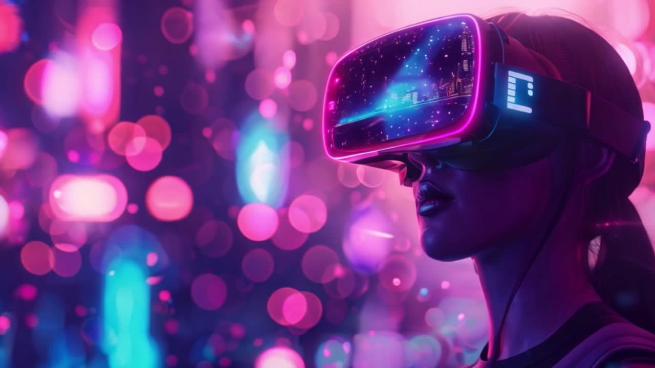 Person wearing a VR headset in a futuristic neon environment