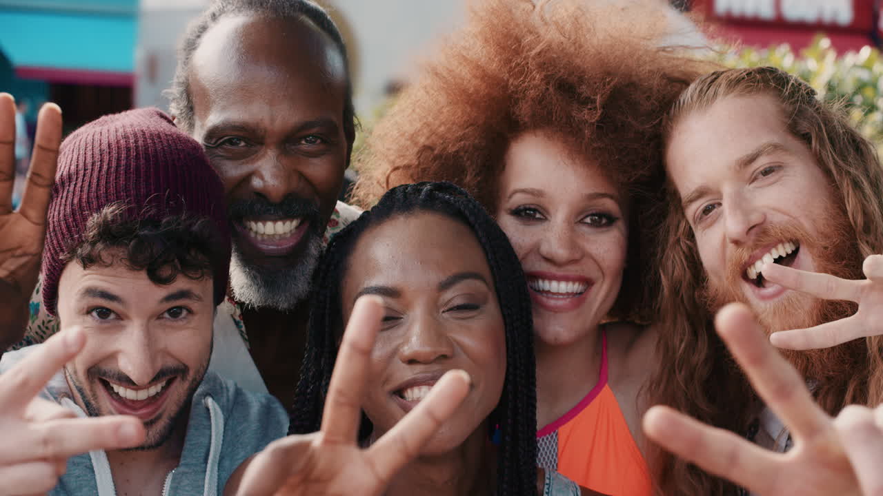 retrato en cámara lenta de un grupo multiétnico de personas sonriendo signo de paz