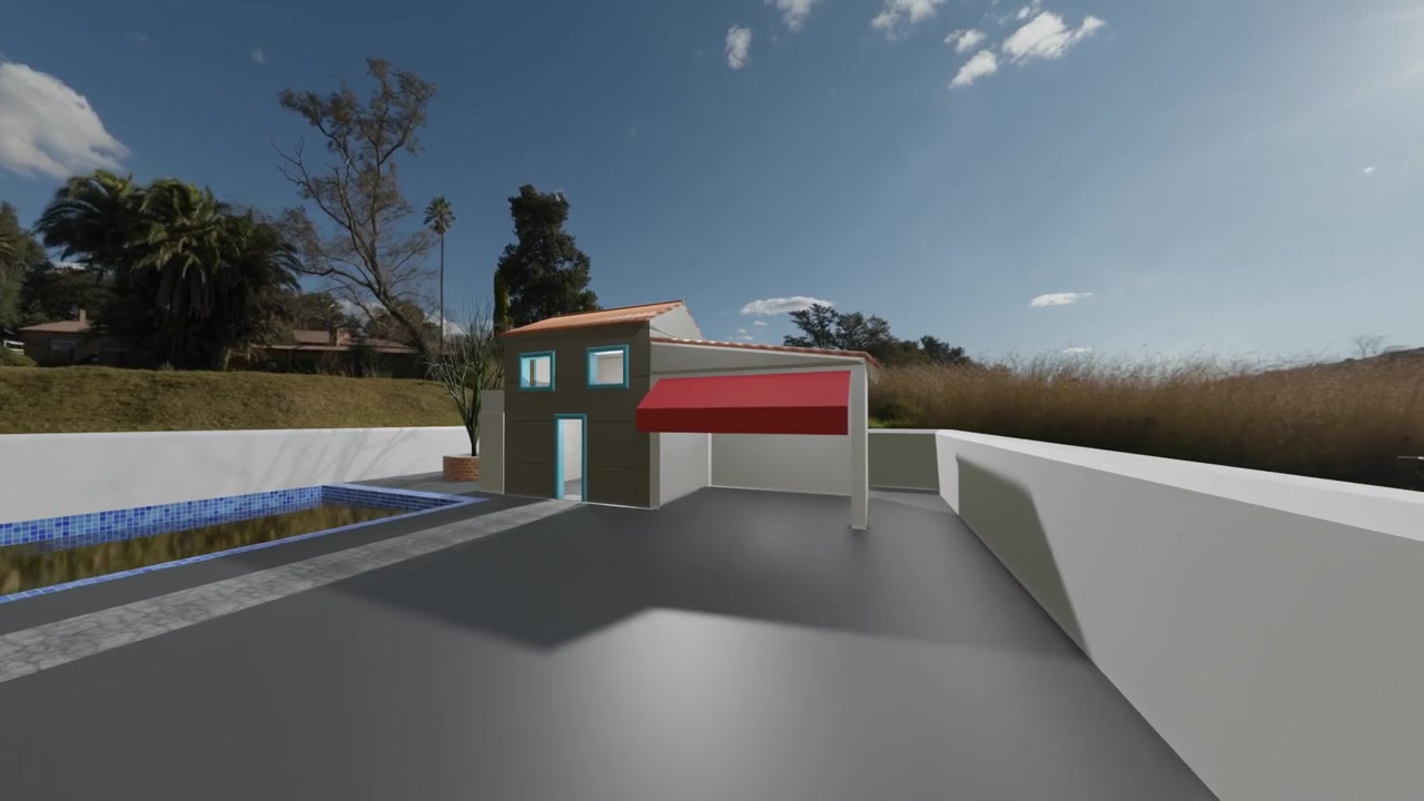 3D-modelleringskunstværk med et kamera, der sporer fra forskellige vinkler, der viser et hus med swimmingpool