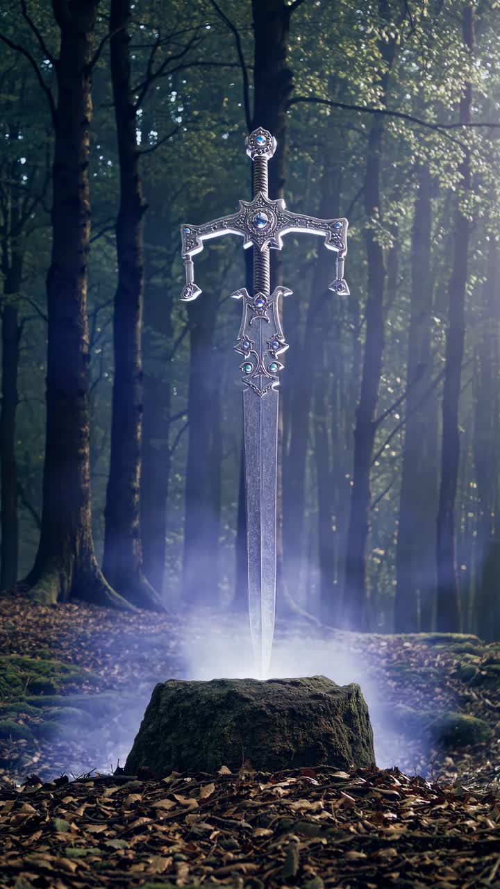 Et mystisk sverd innbakt i en stein i en skog, fanget fra lav vinkel.