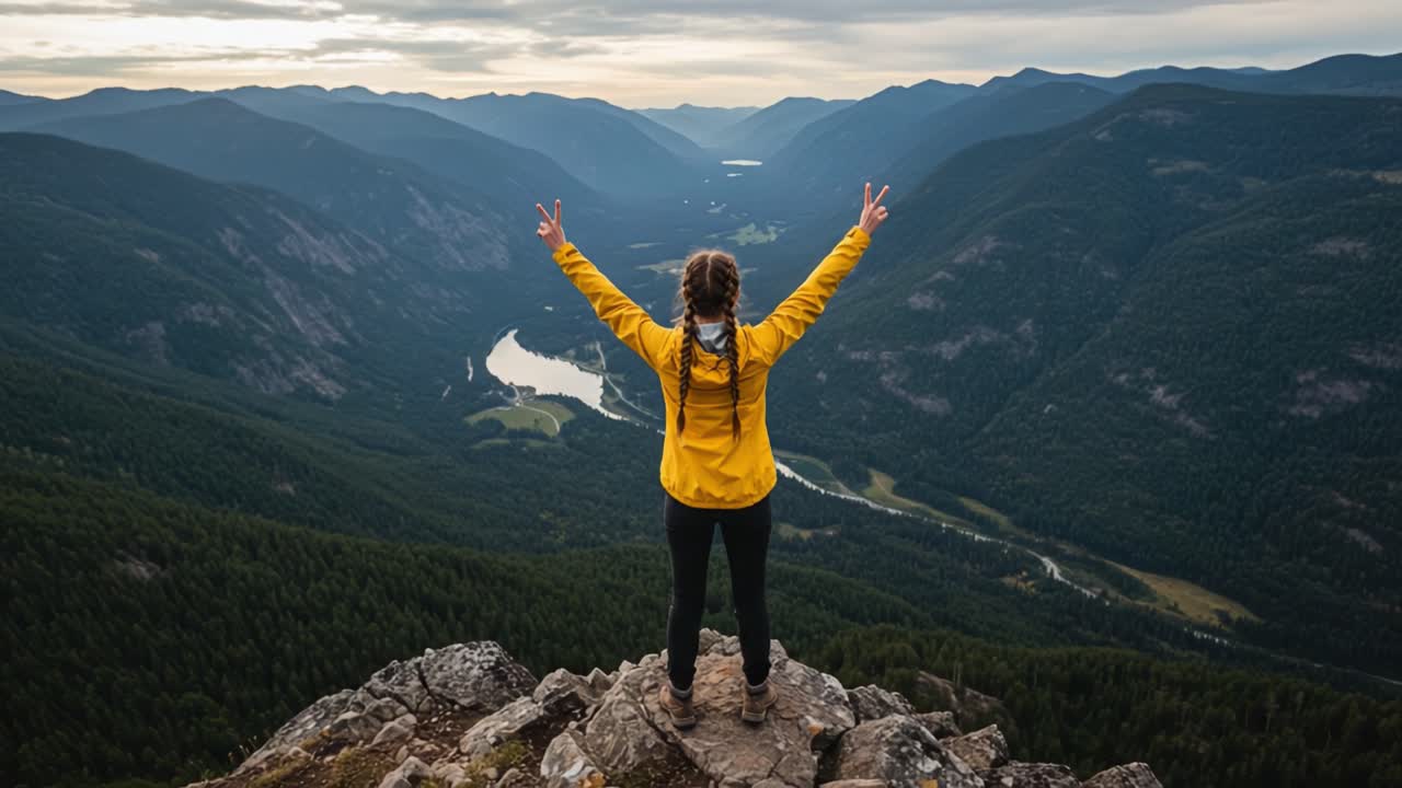 A Joyful Adventurer Celebrates Nature's Splendor with Arms Raised atop a Majestic Mountain Overlooking a Stunning Valley at Dusk