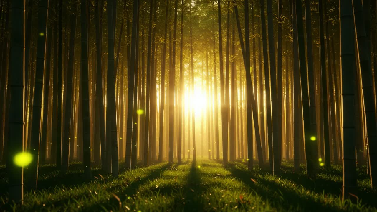 A Serene Bamboo Forest at Sunrise, Illuminated by Golden Light Filtering Through Tall Stalks, Creating a Tranquil Atmosphere in Nature's Embrace