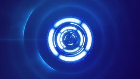 Animation-of-multiple-shiny-white-circles-spinning-on-blue-background