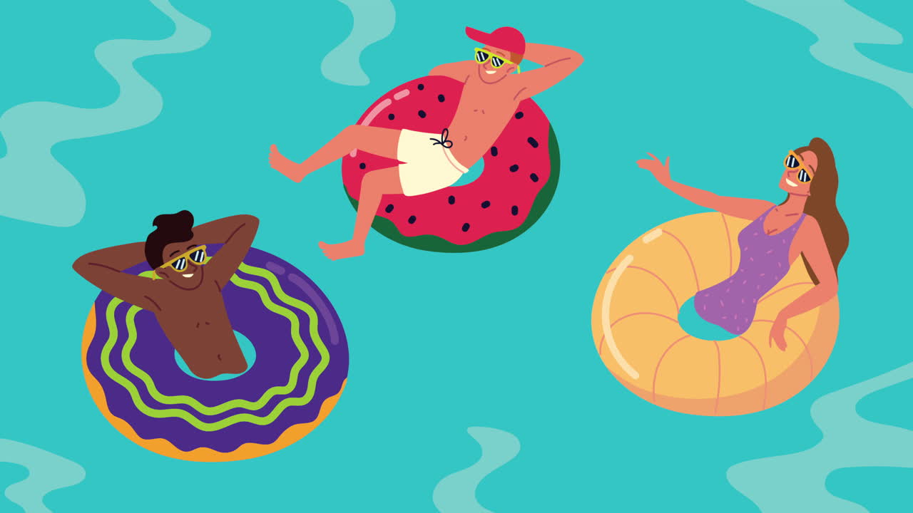 interracial persons relaxing in floats animation