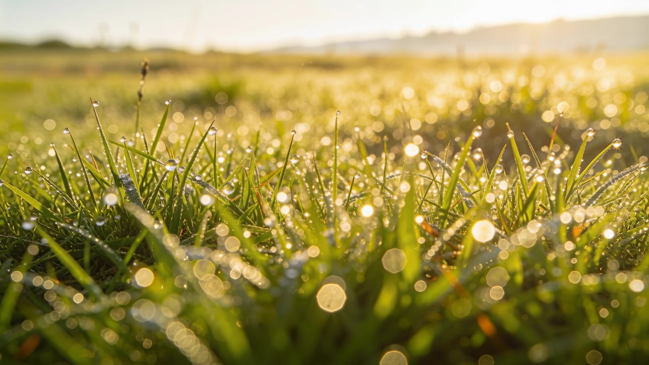 Brightening morning sun causing foreground grass blades sparkling with dew toward horizon, bokeh