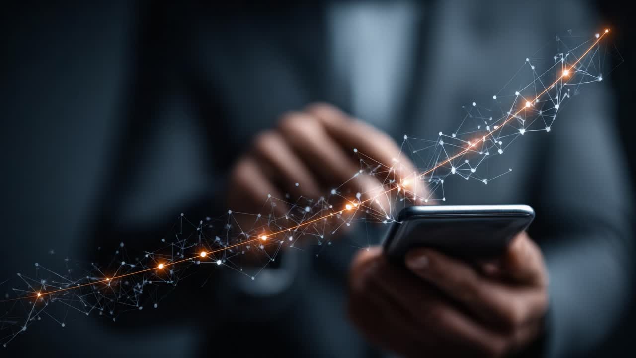 A Professional Standing in a Dark Environment Engaging with a Smartphone, Highlighting the Dynamic Interaction with Technology through Digital Effects