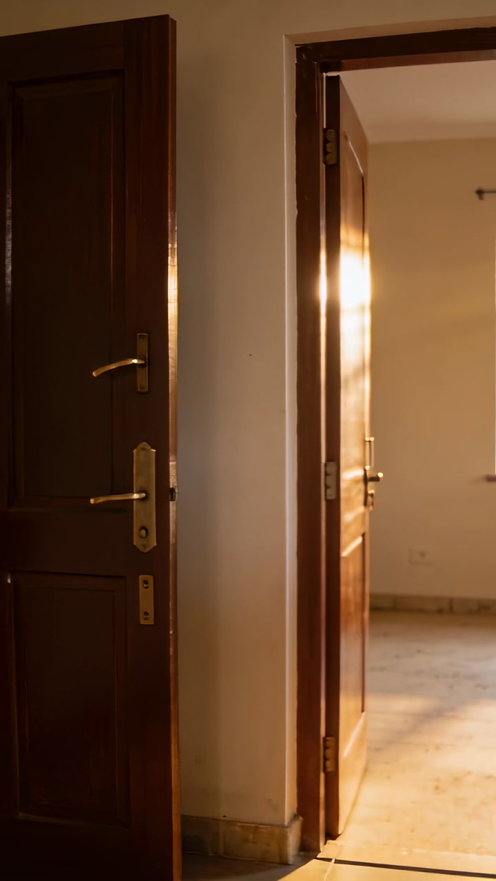 Vertical video: Walking man in kurta carrying cardboard box through hall toward sunlit room, moving